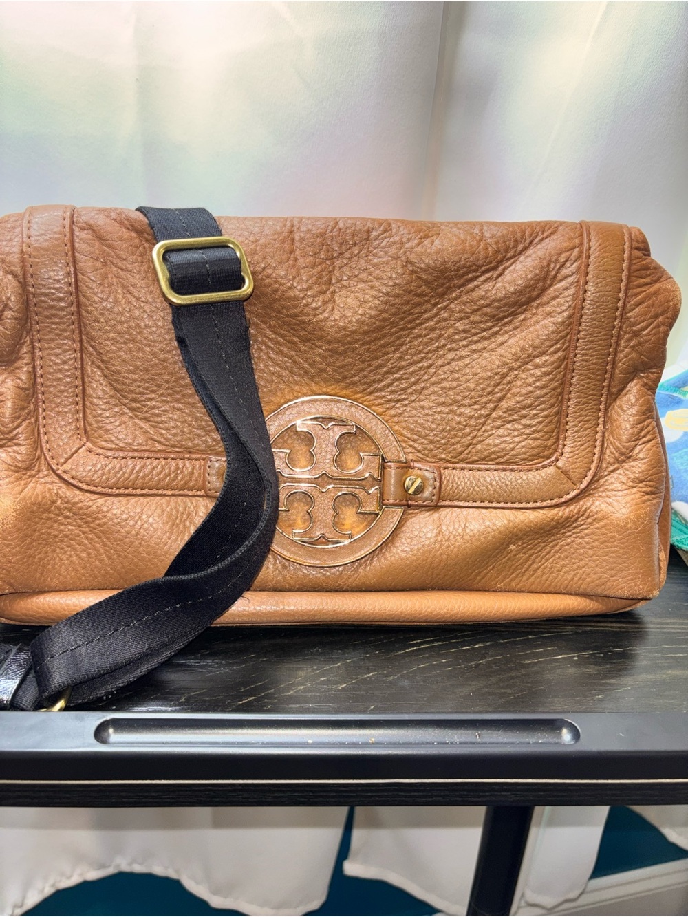 Tory Burch Brown Pebbled Leather Shoulder Bag with Black Strap